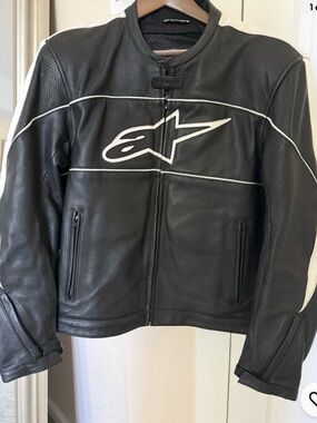 Alpinestars Black Leather Jacket with White Piping and Logo